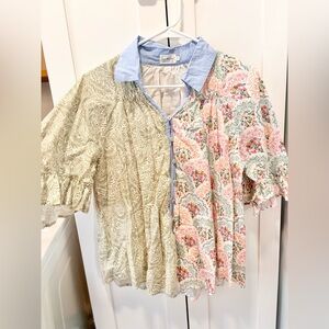 Mixed-Print Button-Front Blouse with Contrast Collar - Light Blue, Cream & Multi